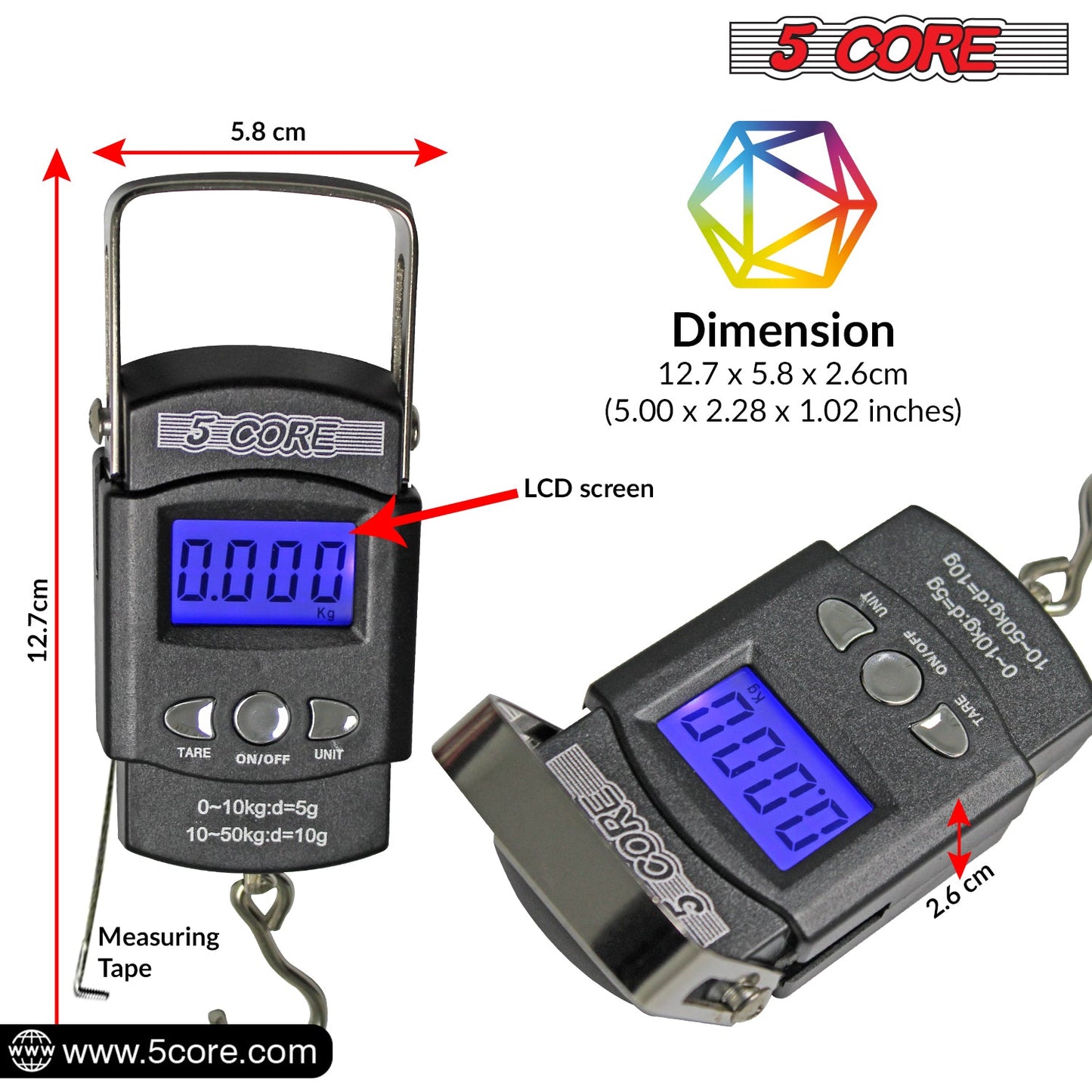 5Core Digital Fishing Scale 110lb/50kg Hanging Luggage Weighing Scales