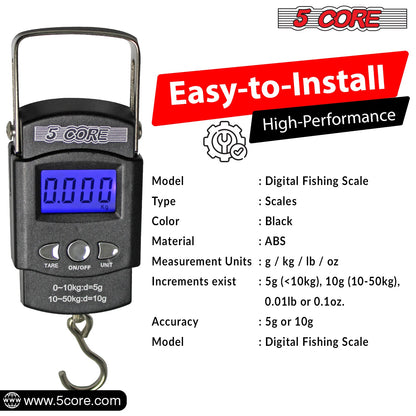 5Core Digital Fishing Scale 110lb/50kg Hanging Luggage Weighing Scales