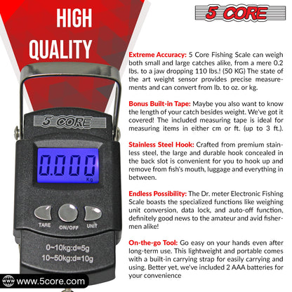 5Core Digital Fishing Scale 110lb/50kg Hanging Luggage Weighing Scales