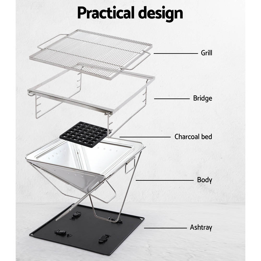 Grillz Camping Fire Pit BBQ Portable Folding Stainless Steel Stove