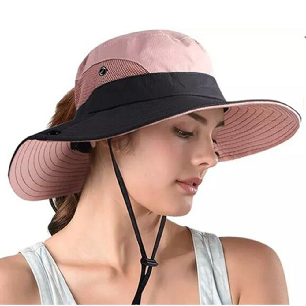 Womens UV Protection Hat Foldable Wide Brim Ponytail Sun Hats