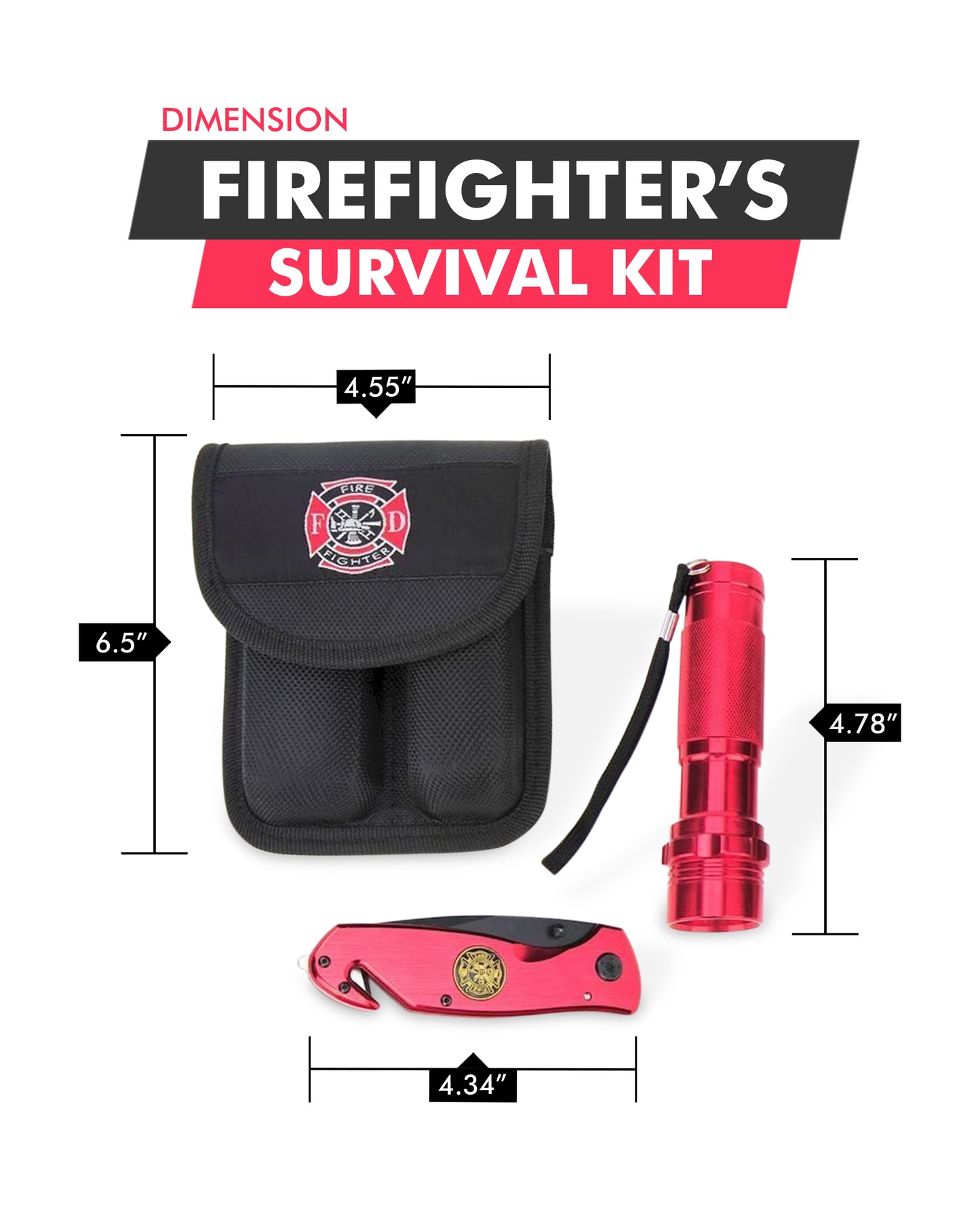 Survival Knife and Flashlight Set - Red Finish - Firefighter - LED