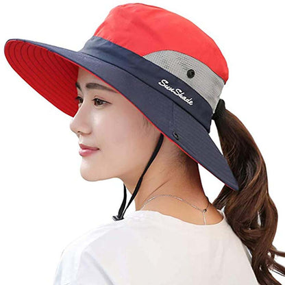 Womens UV Protection Hat Foldable Wide Brim Ponytail Sun Hats