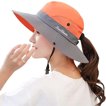 Womens UV Protection Hat Foldable Wide Brim Ponytail Sun Hats