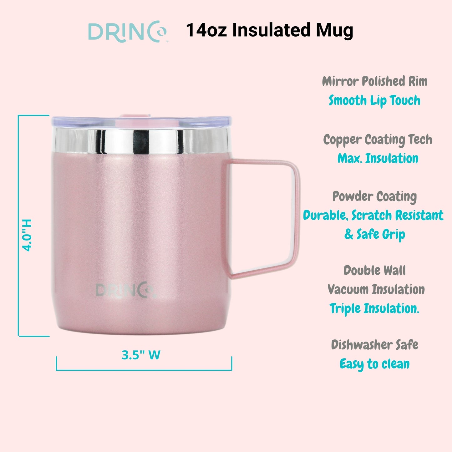 DRINCO® 14 oz Vacuum Insulated Camping Coffee Mug, Pinkish Grey