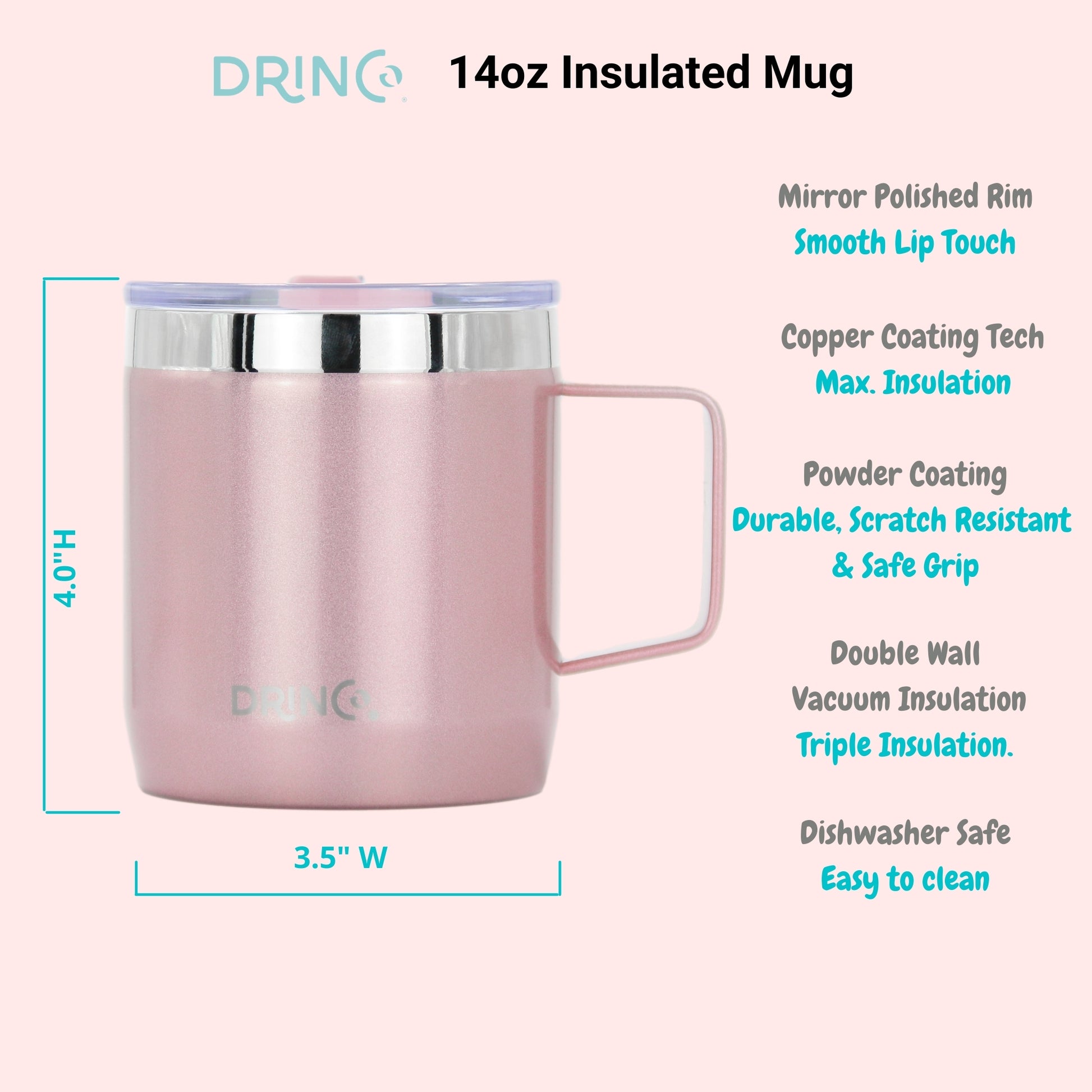 DRINCO® 14 oz Vacuum Insulated Camping Coffee Mug, Pinkish Grey