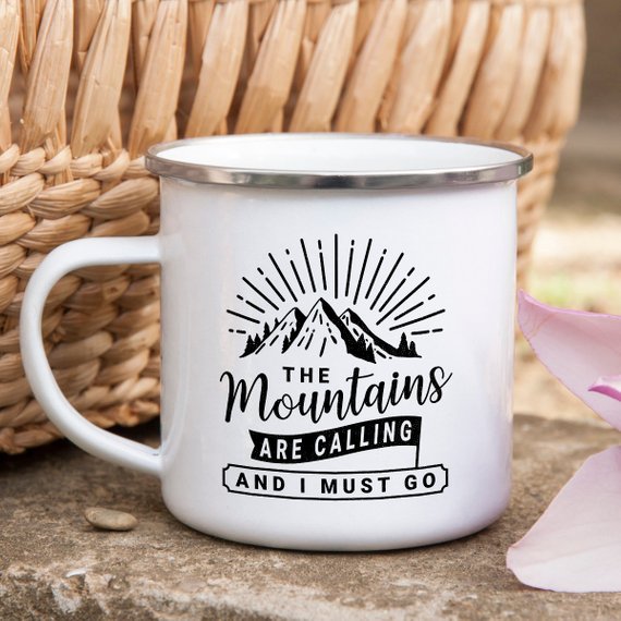 "The Mountains Are Calling" Mug, Enamel Mug for Camping - 10 oz