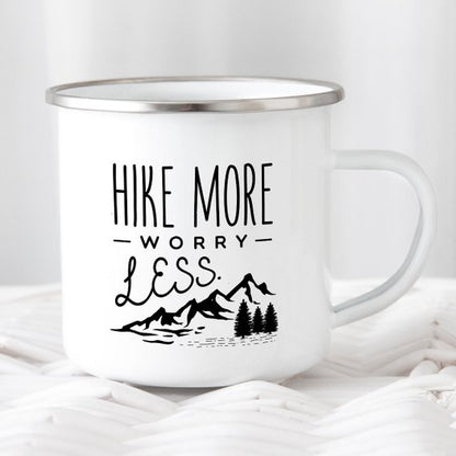 "Hike More Worry Less" Enamel Mug, Hiking Gift for Hiker