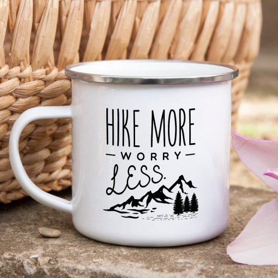 "Hike More Worry Less" Enamel Mug, Hiking Gift for Hiker