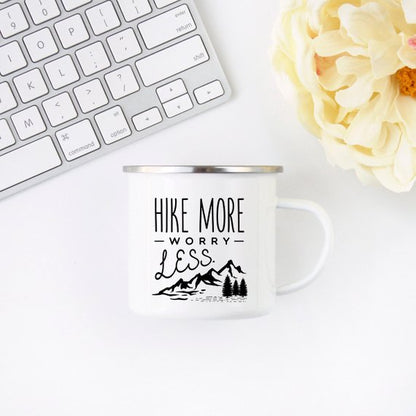 "Hike More Worry Less" Enamel Mug, Hiking Gift for Hiker