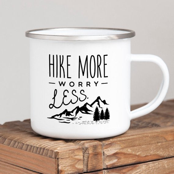 "Hike More Worry Less" Enamel Mug, Hiking Gift for Hiker