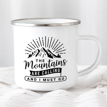 "The Mountains Are Calling" Mug, Enamel Mug for Camping - 10 oz