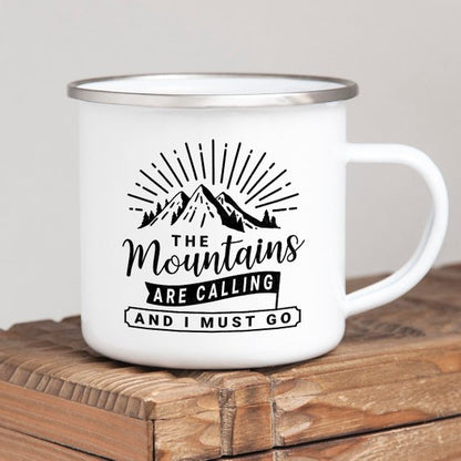 "The Mountains Are Calling" Mug, Enamel Mug for Camping - 10 oz