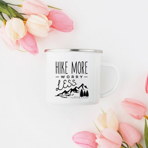 "Hike More Worry Less" Enamel Mug, Hiking Gift for Hiker