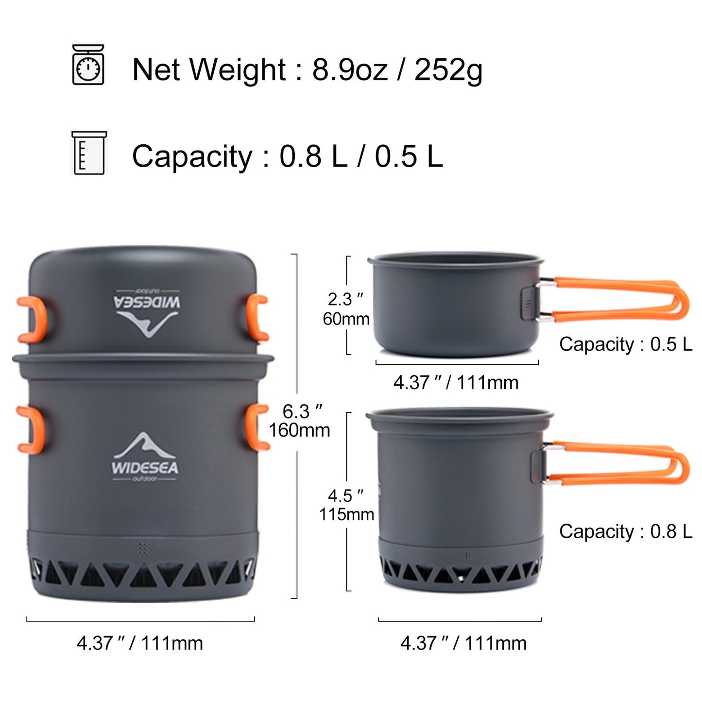 Camping 1.3L 2.3L Cookware Outdoor Cooking Set Heat Cooker Travel