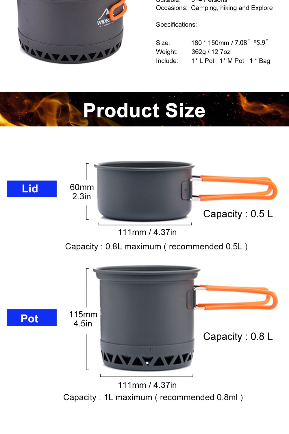 Camping 1.3L 2.3L Cookware Outdoor Cooking Set Heat Cooker Travel