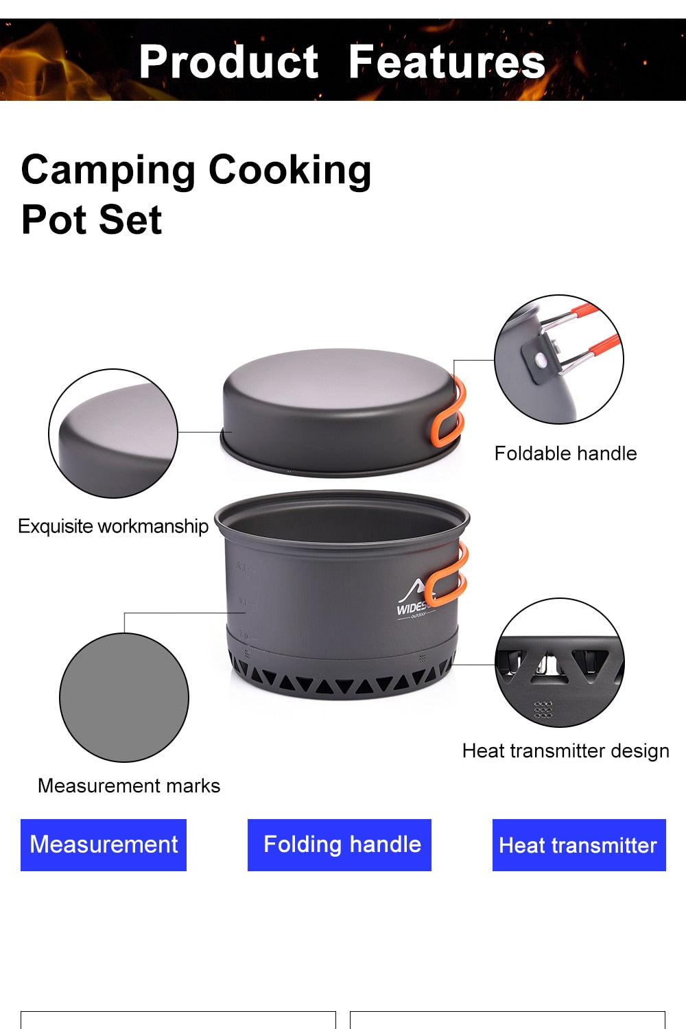 Camping 1.3L 2.3L Cookware Outdoor Cooking Set Heat Cooker Travel