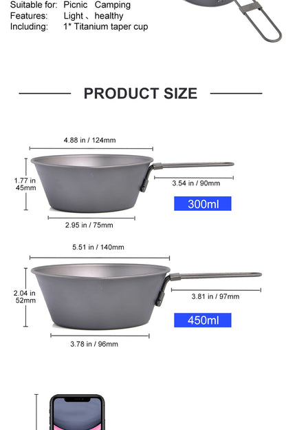 Camping Titanium Bowl Tableware Cookware Foldable Handle Outdoor Cup